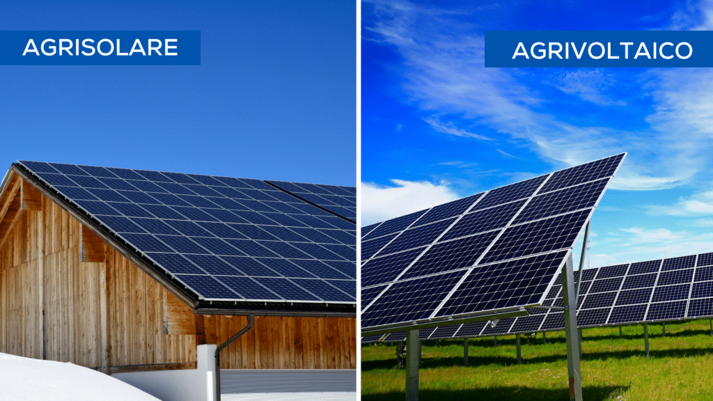 Agrisolare e agrivoltaico. Pannelli fotovoltaici su edificio e pannelli fotovoltaici installati a terra.