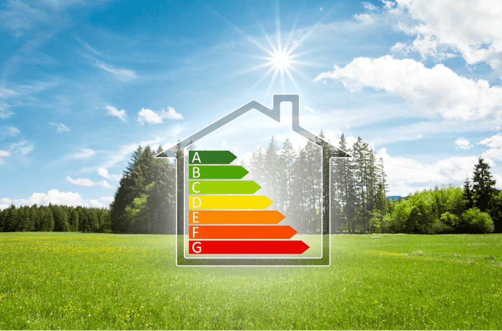 Nuovo Superbonus - prato verde con casa disegnata con classi energetiche